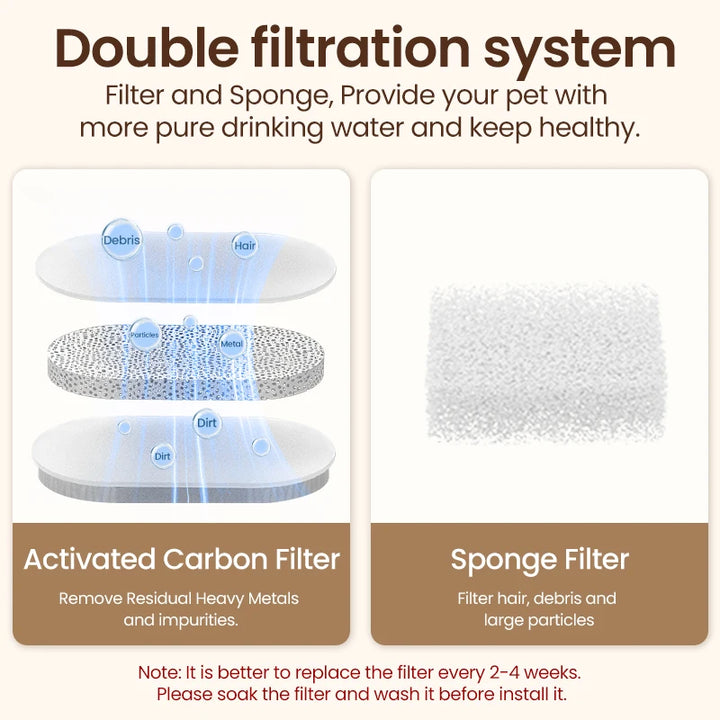 Système de filtration double pour animaux, filtre à charbon actif et filtre en éponge pour eau purifiée.