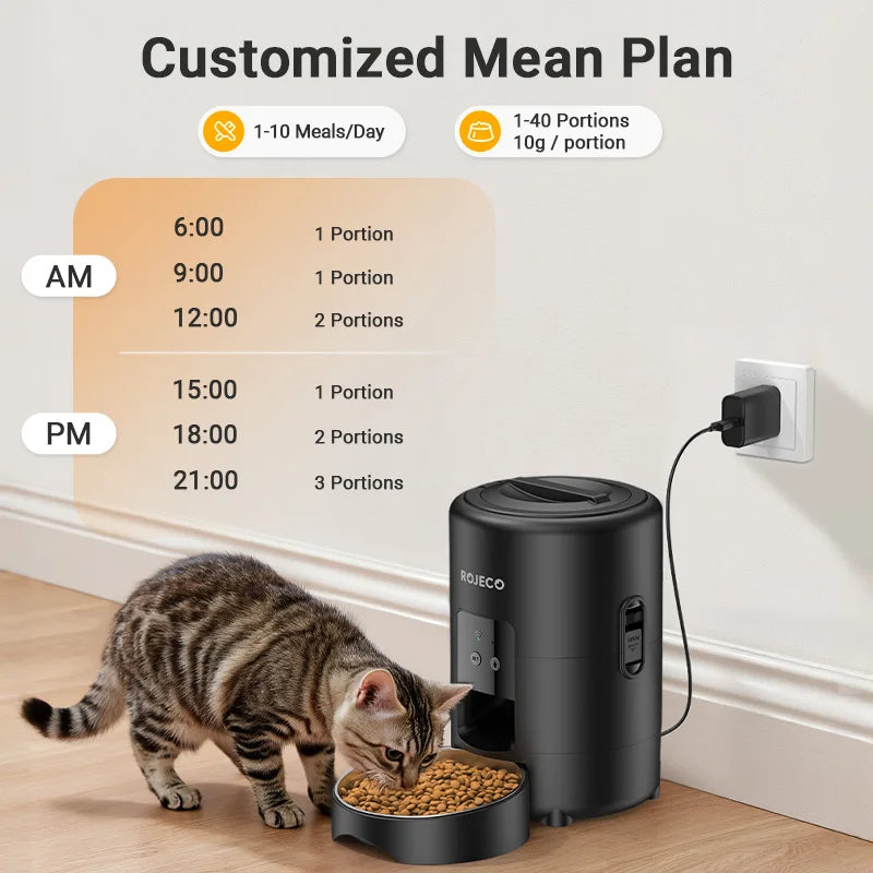 Distributeur de nourriture pour chat ROJECO noir, programmable pour 1-10 repas par jour.