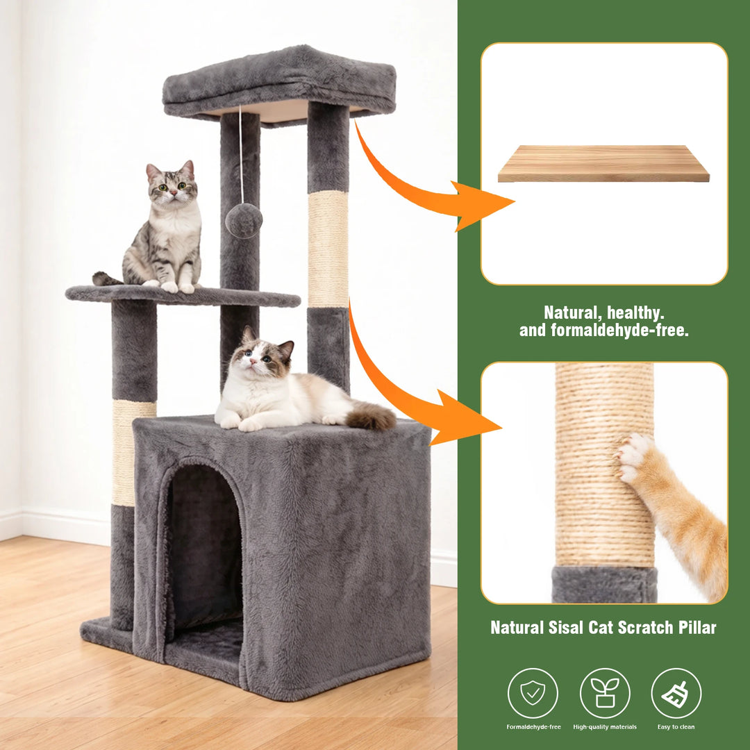 Arbre à chat compact 80 cm gris avec double niche et griffoirs