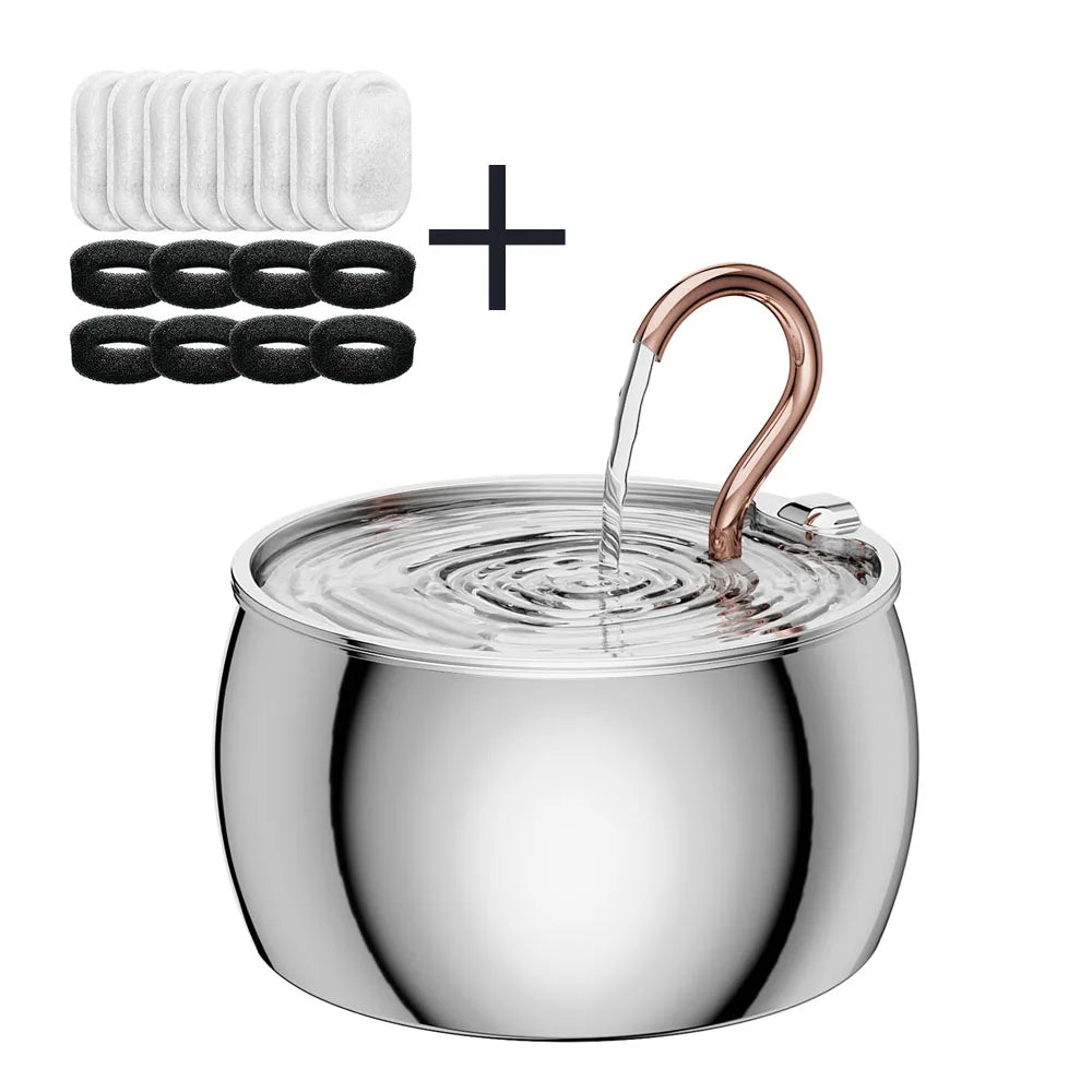 Fontaine en acier inoxydable avec robinet en cuivre, inclut des filtres et supports, design élégant.