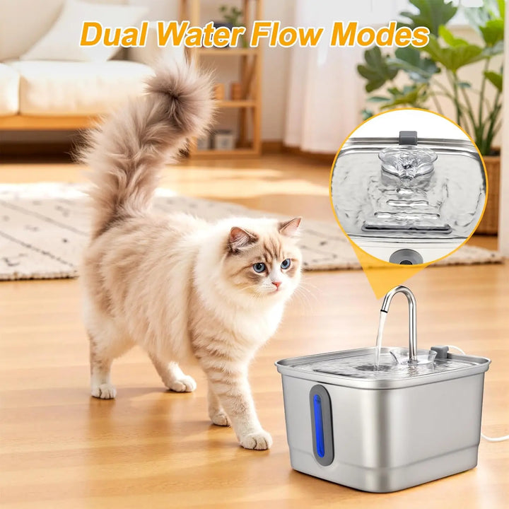 Fontaine à eau pour chat en acier inoxydable, modes de flux double, design moderne, idéal pour hydrater votre animal.