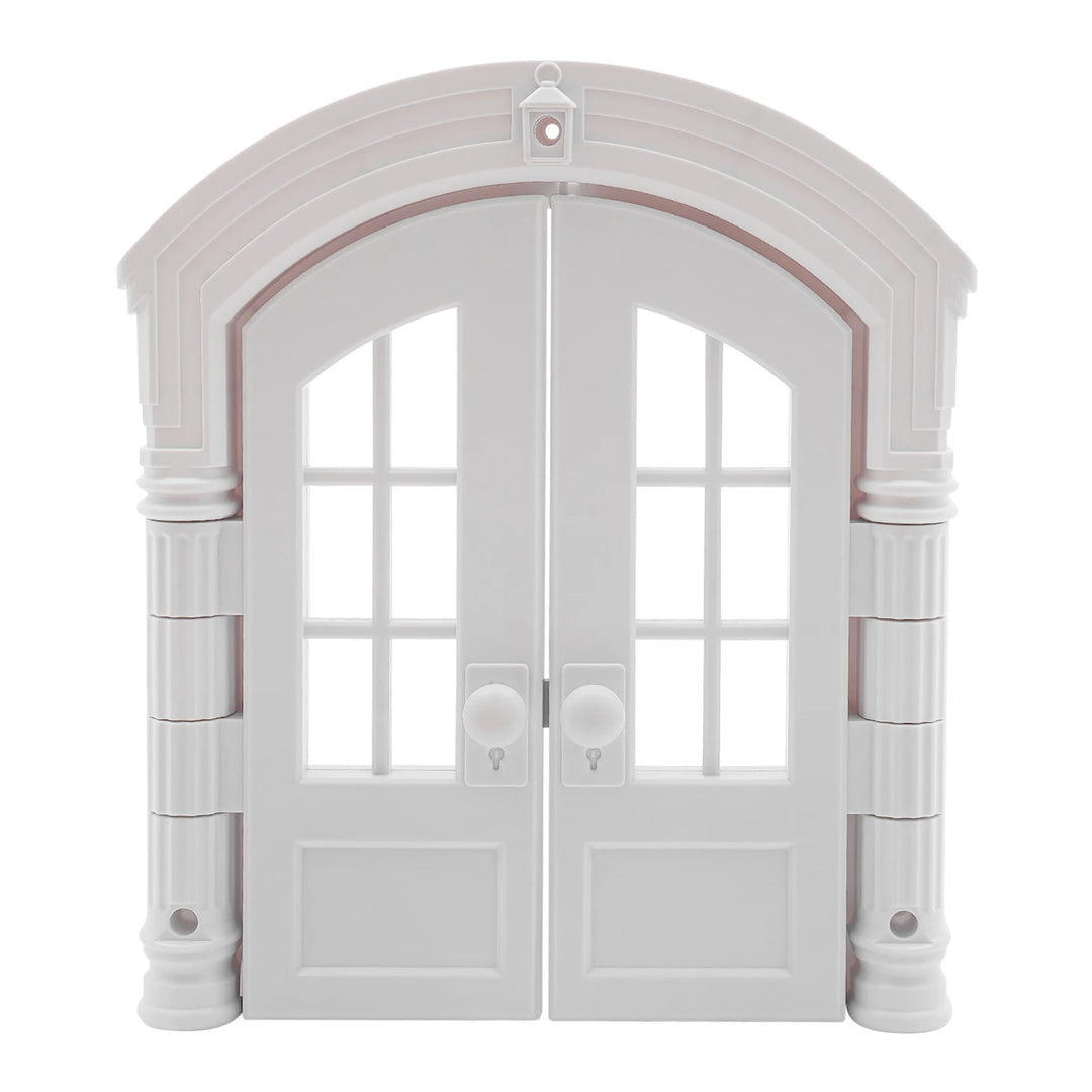 Porte double en plastique blanc avec fenêtres et moulures, idéale pour modèles réduits ou décorations.