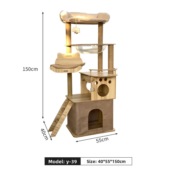 Arbre à chat en bois avec capsule spatiale et poteaux à griffer