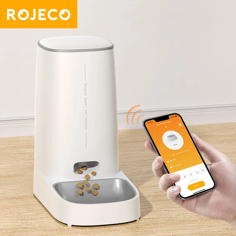Distributeur automatique de nourriture pour animaux ROJECO, technologie intelligente, blanc, contrôle via smartphone.