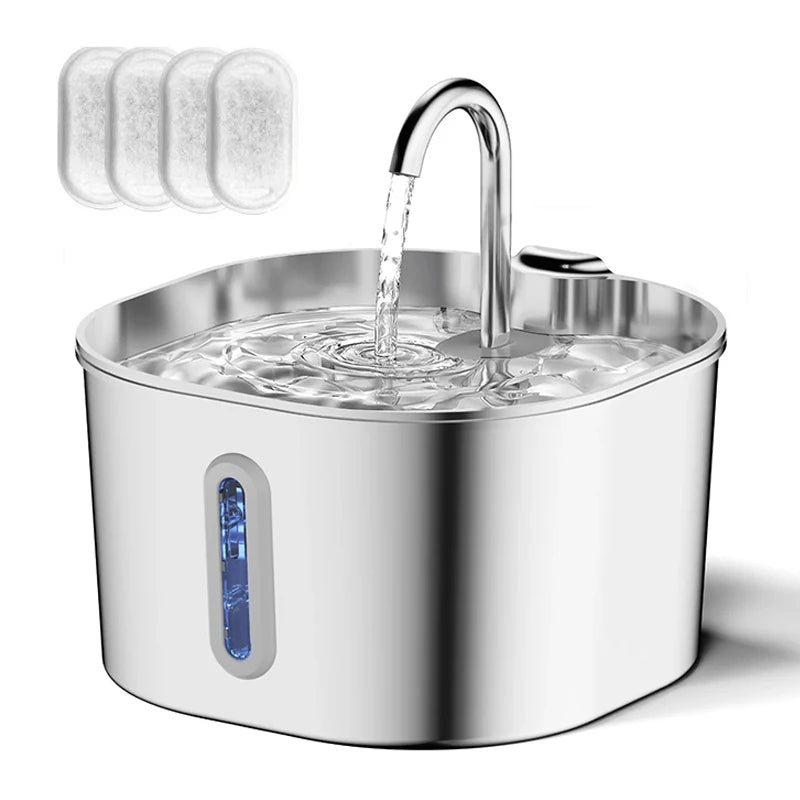 Fontaine à eau en acier inoxydable, avec 4 filtres, design moderne et fonction anti-goutte.