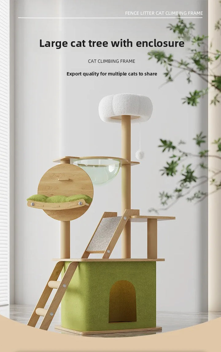 Arbre à chat en bois avec capsule spatiale et poteaux à griffer