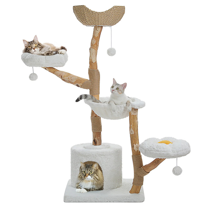Arbre à chat 150 cm en bois massif avec panier tressé et plateformes fleur