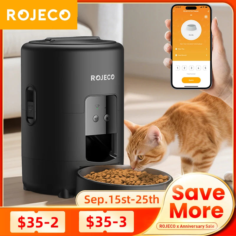 Distributeur automatique ROJECO pour animaux, noir, avec commande via application et compartiment à croquettes.