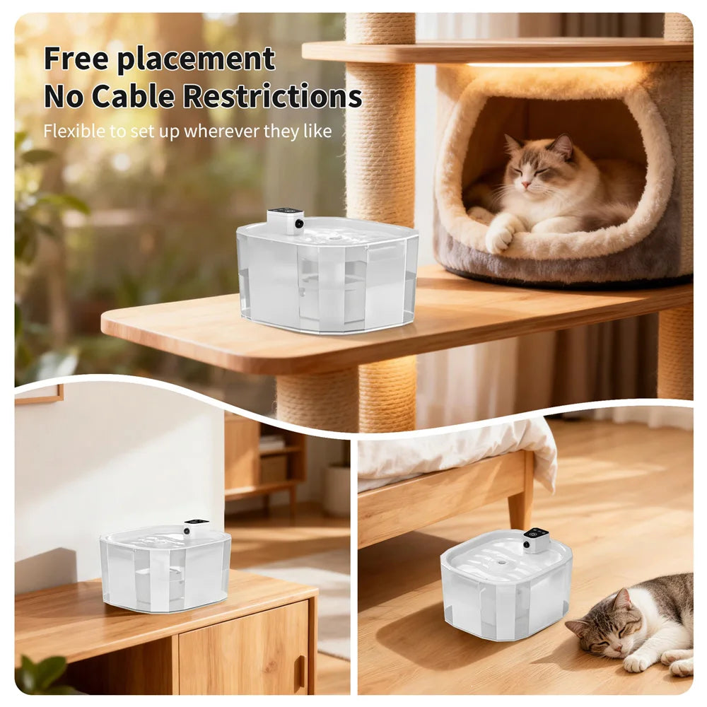 Distributeur d'eau flexible en plastique transparent pour animaux, sans câbles, design moderne.