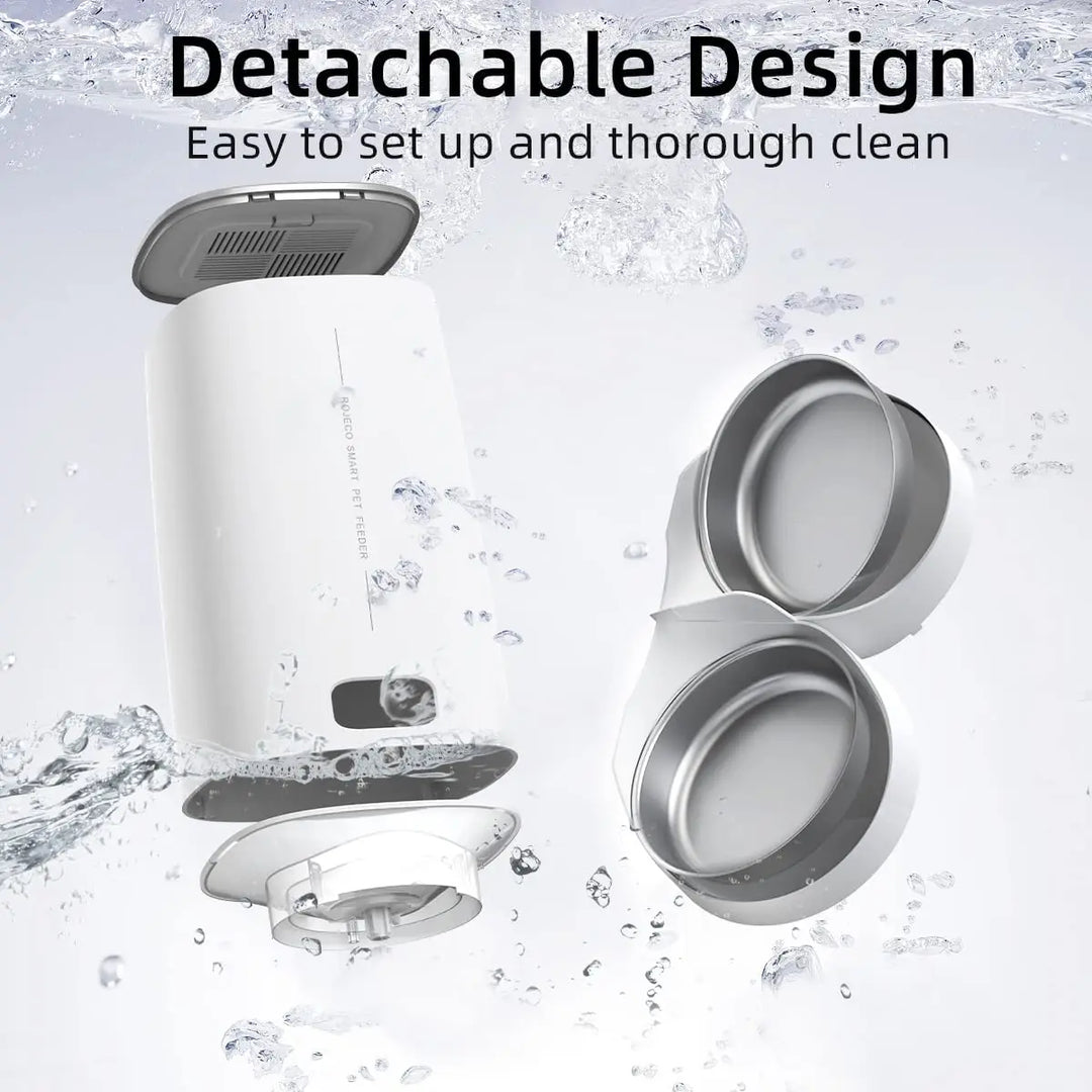Distributeur de nourriture détachable, design blanc, facile à installer et à nettoyer, pour animaux de compagnie.