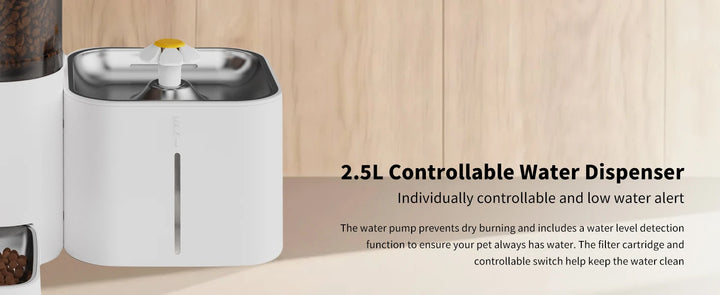 Distributeur d'eau contrôlable 2,5L, en plastique blanc avec alerte de niveau d'eau, pour animaux.