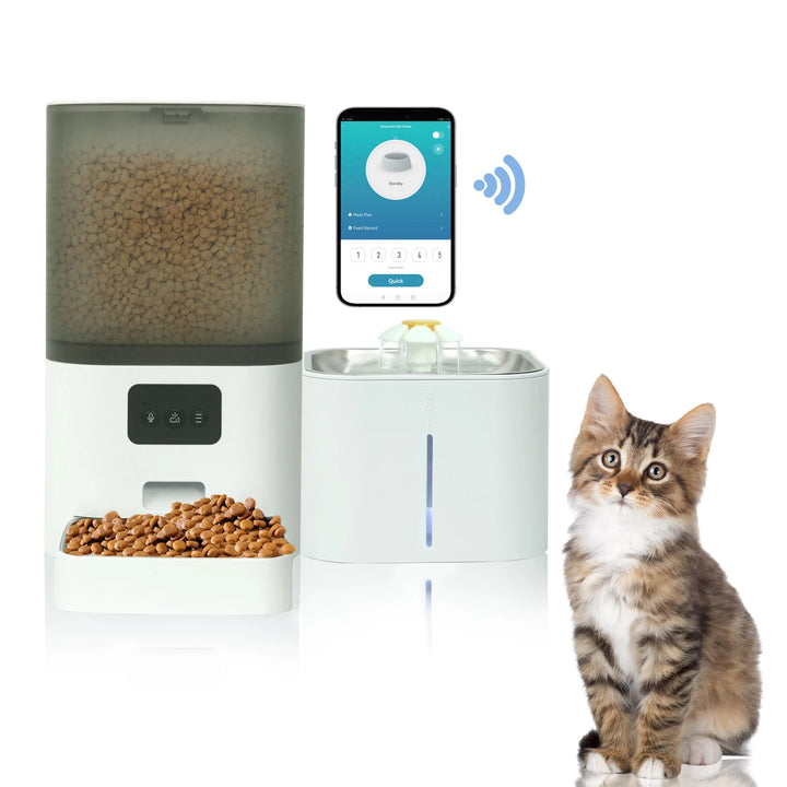 Distributeur automatique de croquettes pour chats, blanc, connecté via application, design moderne.