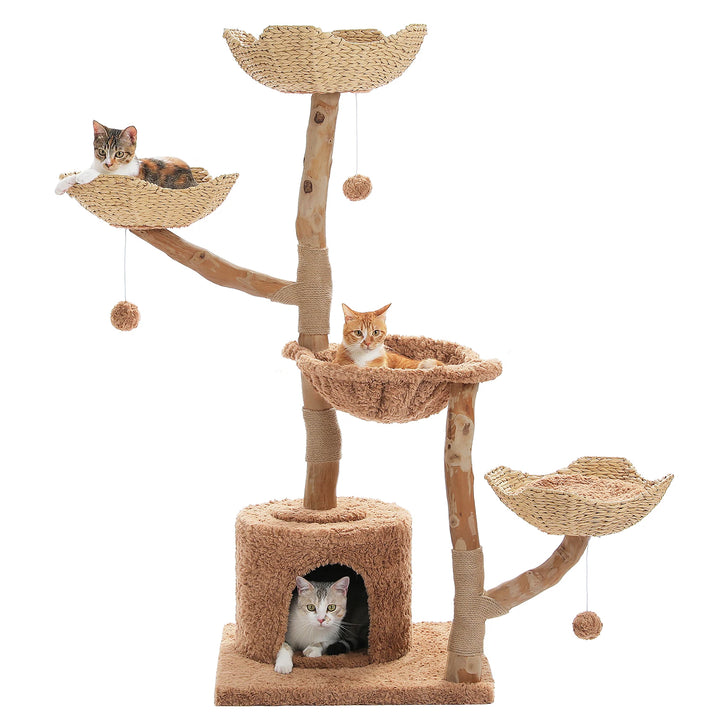 Arbre à chat 150 cm en bois massif avec panier tressé et plateformes fleur