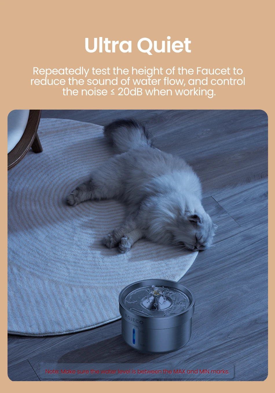 Fontaine à eau pour animaux Rojeco, couleur argent, ultra silencieuse, niveau sonore ≤ 20dB.