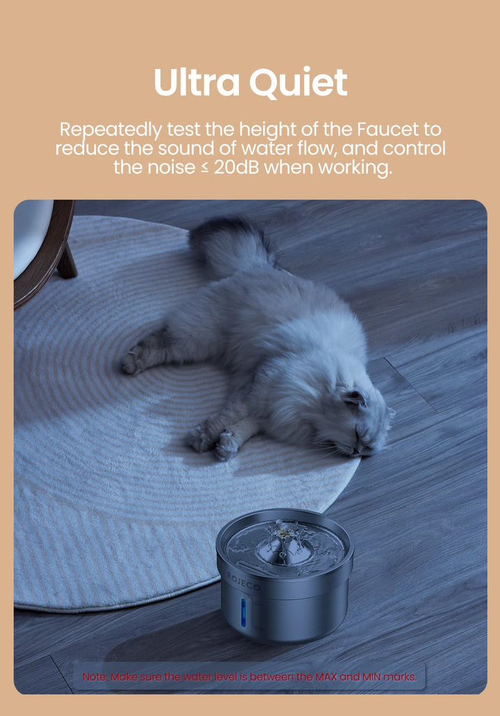 Fontaine à eau pour animaux Rojeco, couleur argent, ultra silencieuse, niveau sonore ≤ 20dB.