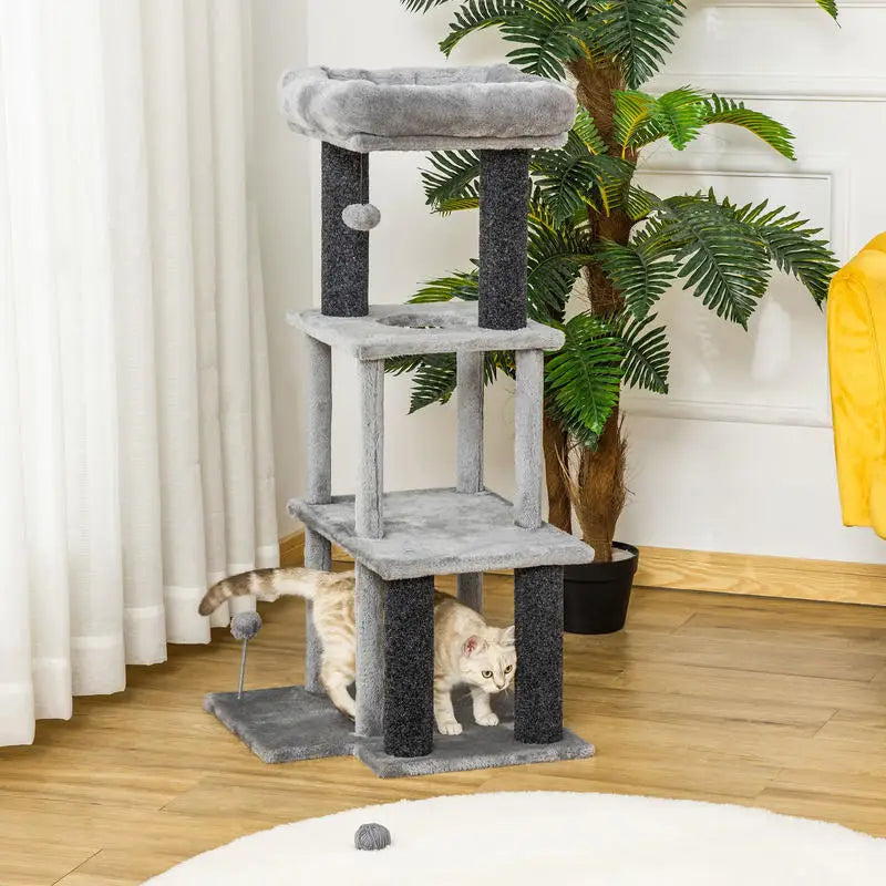 Arbre à chat 100 cm gris avec niches et plateformes