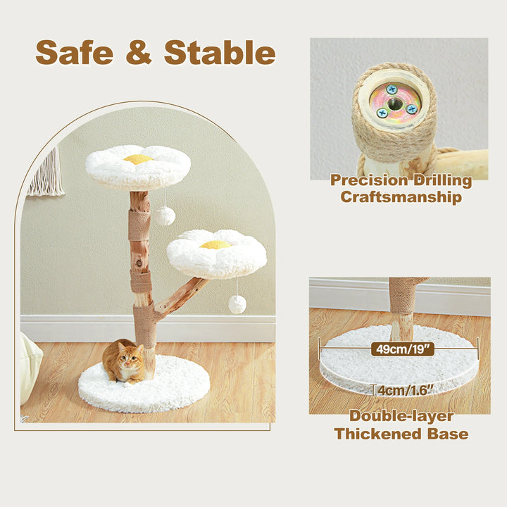 Arbre à chat en bois massif blanc avec couchages en forme de fleur
