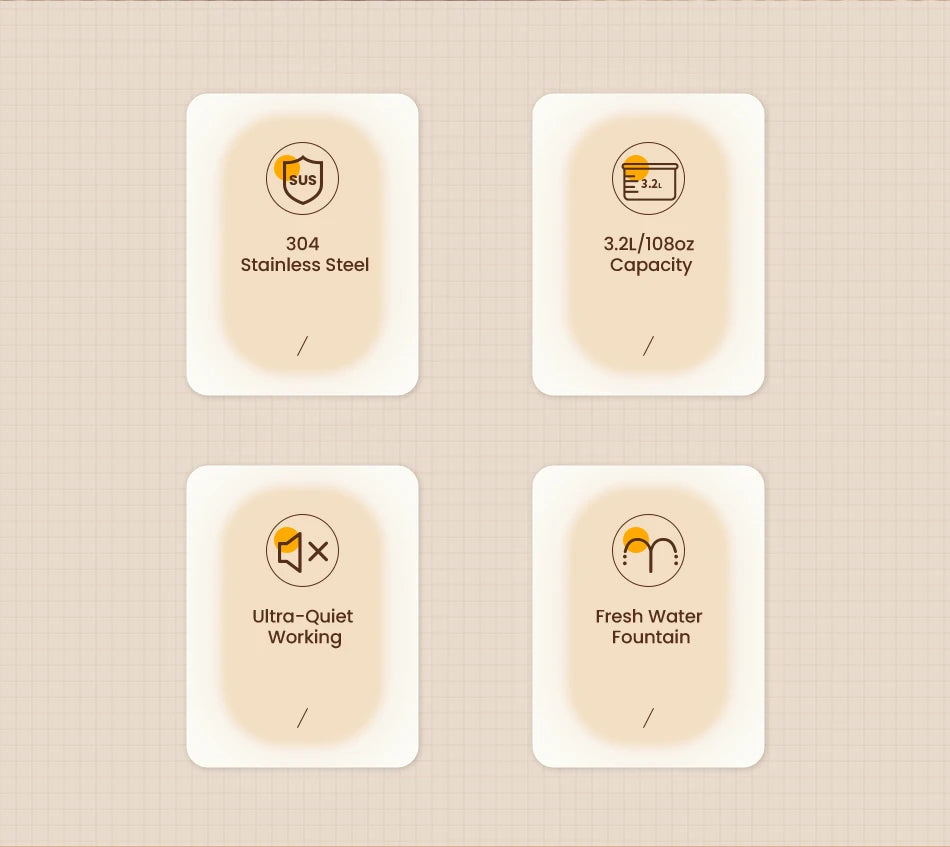 Fontaine d'eau fraîche en acier inoxydable 304, capacité de 3,2 L, fonctionnement ultra-silencieux.