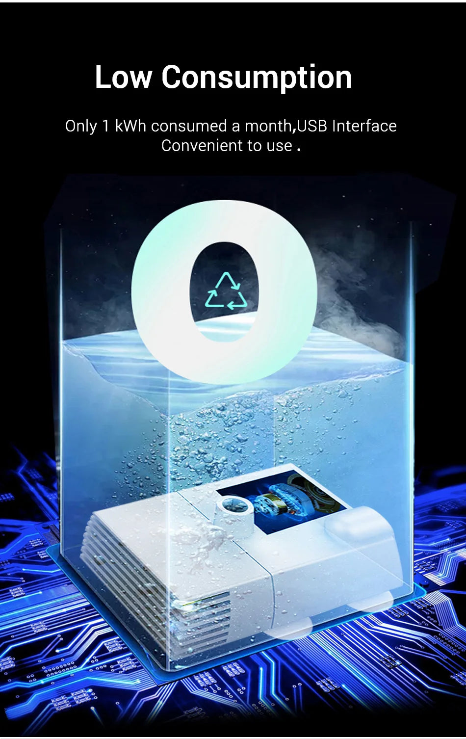 Appareil économique à faible consommation, interface USB, design compact et résistant à l'eau.