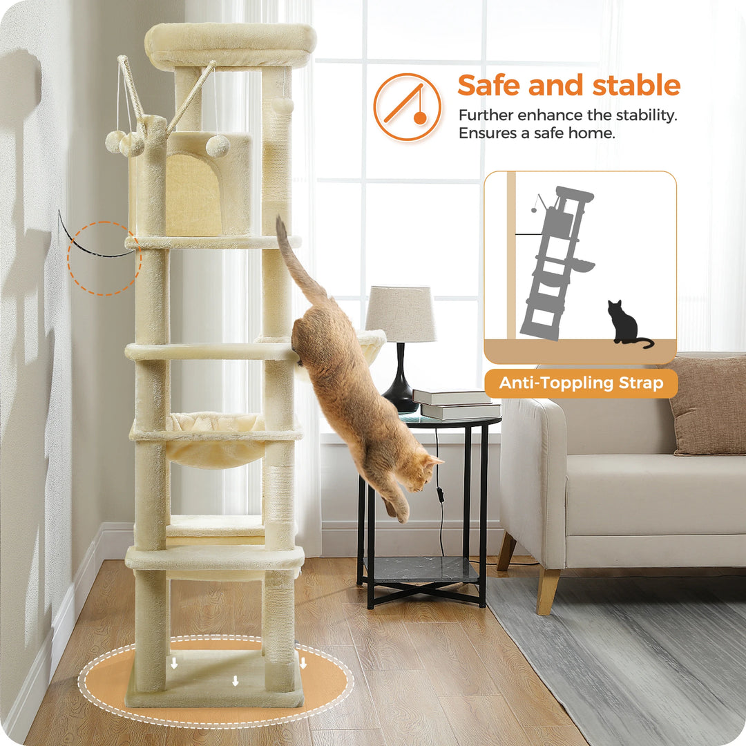 Multi-level Maine Coon cat tree with scratching posts and hammock - Model: "FelineKingdom"