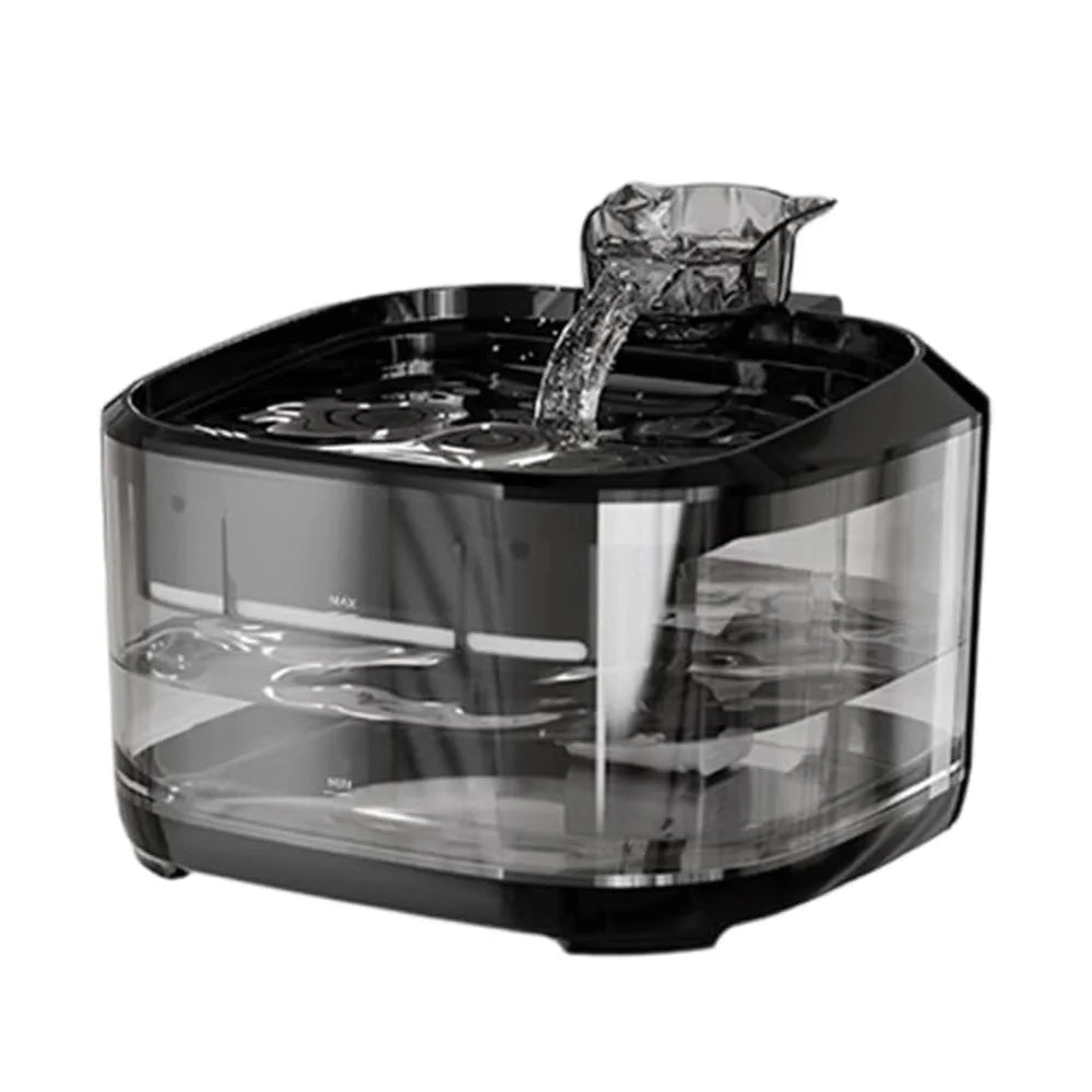 Fontaine à eau noire en plastique, design moderne, avec réservoir transparent et système de filtration.