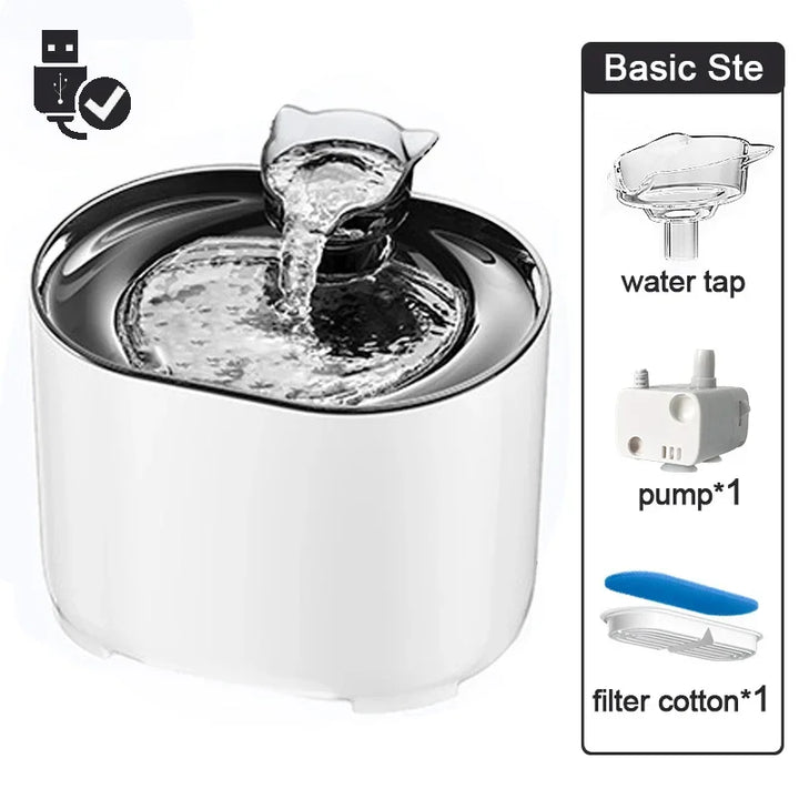 Fontaine à eau pour animaux, design blanc, en USB, avec robinet et filtre en coton inclus.