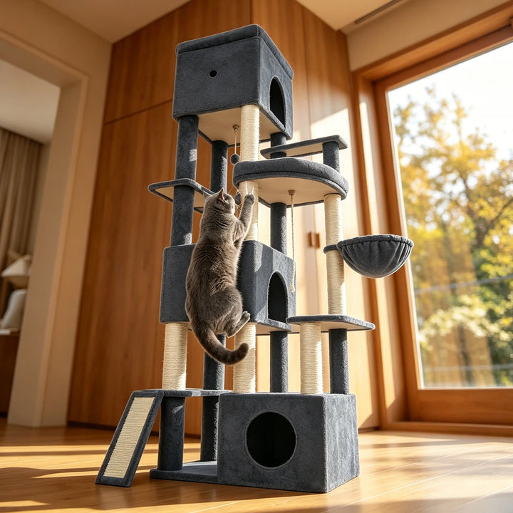 Arbre à chat XXL 202 cm gris foncé avec trois niches et hamac