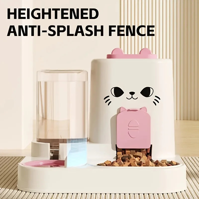 Distributeur d'eau et nourriture pour chat avec barrière anti-éclaboussures, couleur blanche et rose.