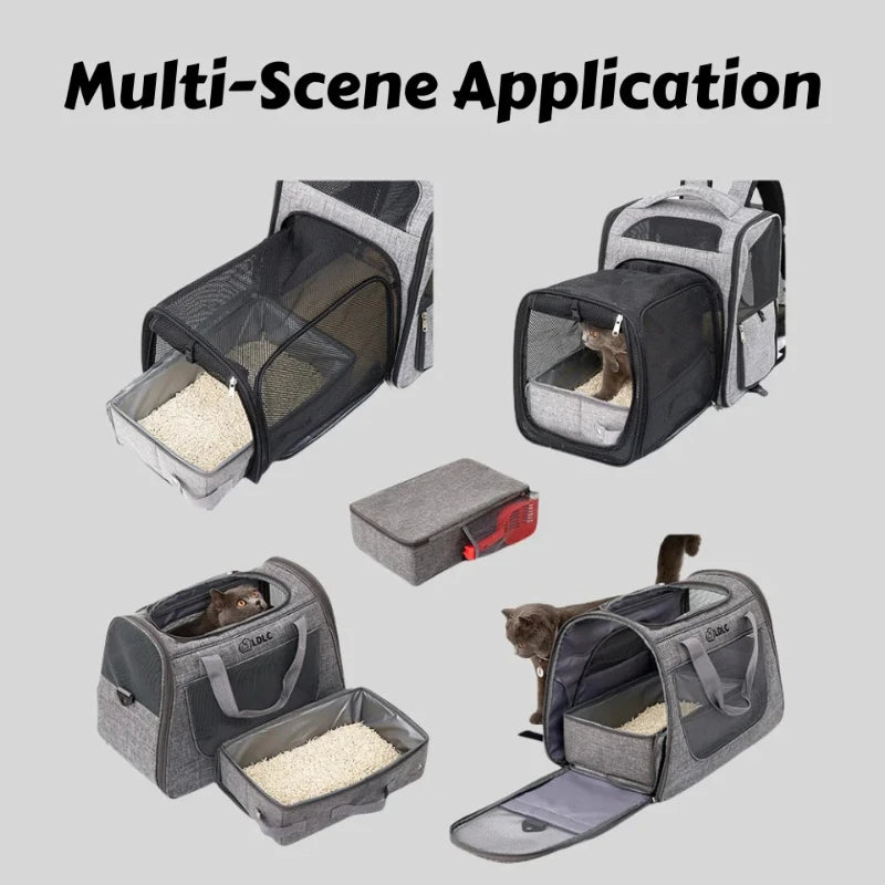 Sac de transport pour animaux gris en toile, multifonctionnel avec accès facile pour chat.
