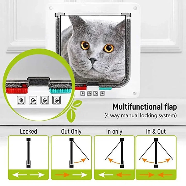 Trappe multifonctionnelle pour chat, système de verrouillage manuel à 4 positions, couleur blanche.