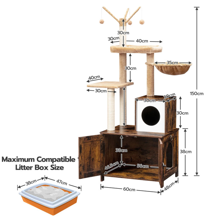 Rustic Wooden Cat Tree with Litter Box - "HideawayPaws Pro" Model