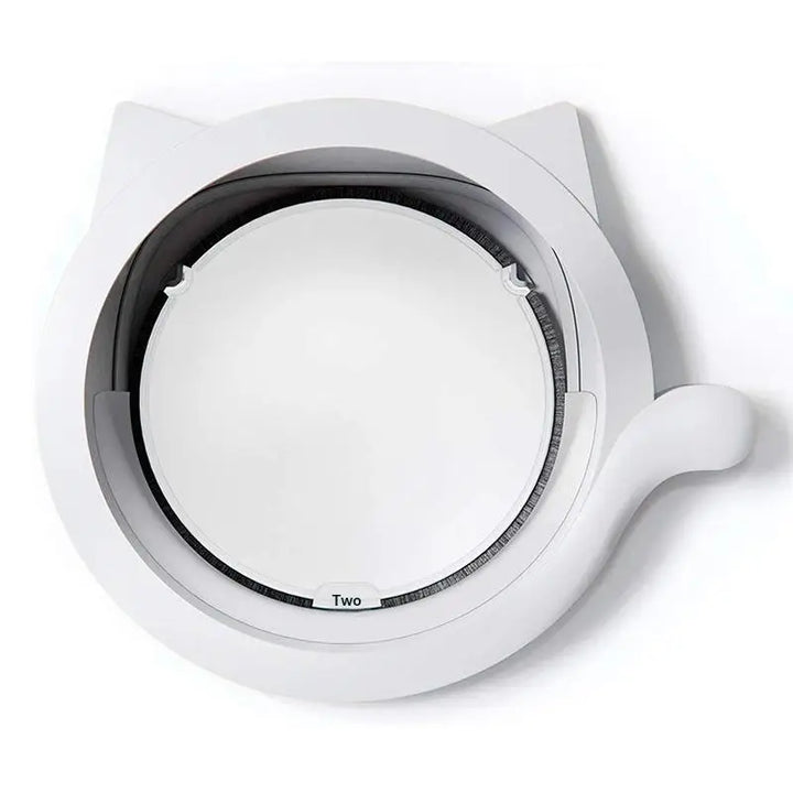 Distributeur de croquettes pour chat, couleur blanche, design mignon avec oreilles, pour un nourrissage facile.