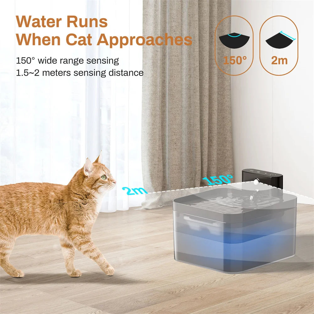 Fontaine à eau pour chat avec capteur de mouvement, 150° de détection, matériau transparent.