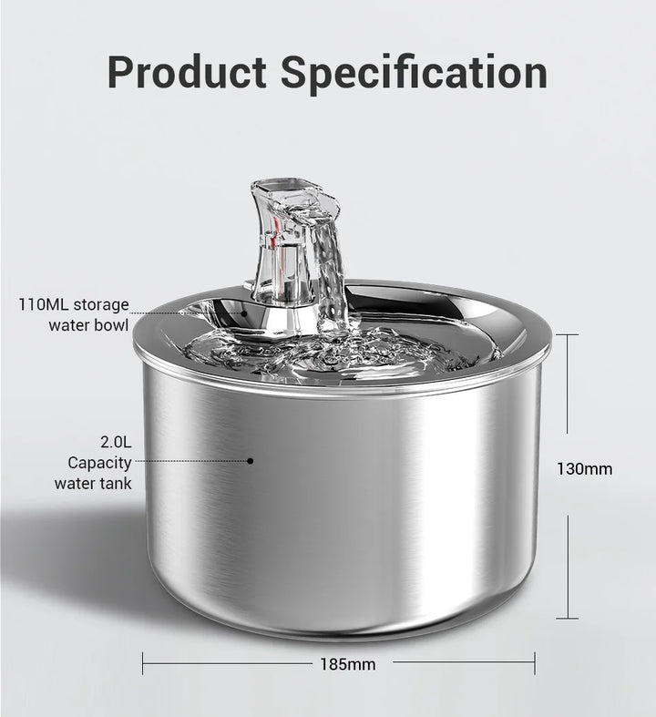 Fontaine à eau pour animaux, acier inoxydable, 2,0 L, avec bol de stockage 110 mL, design moderne.