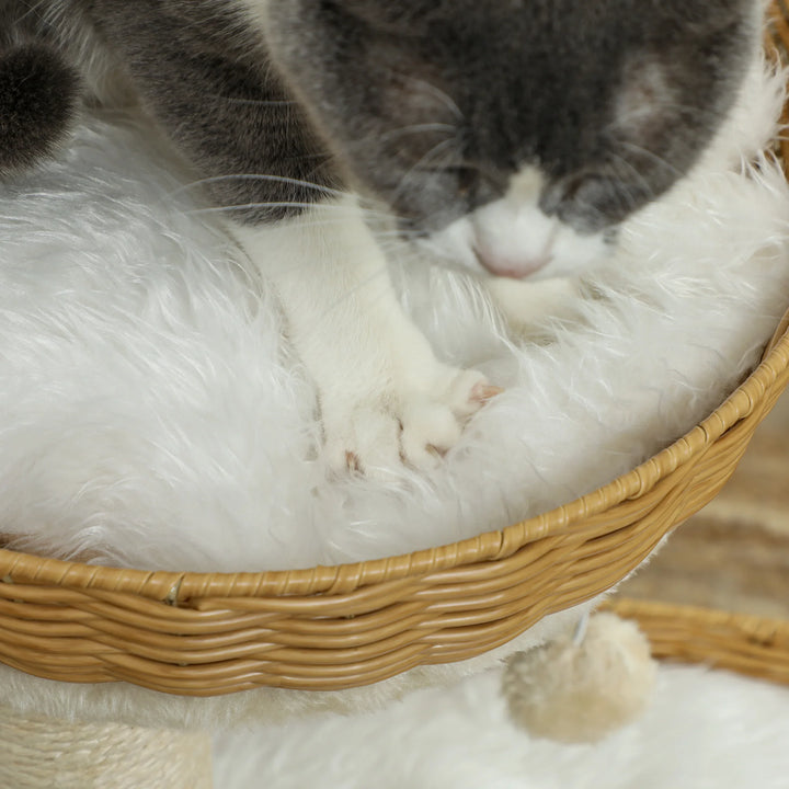 Arbre à chat 75 cm avec deux paniers en rotin et coussins lavables