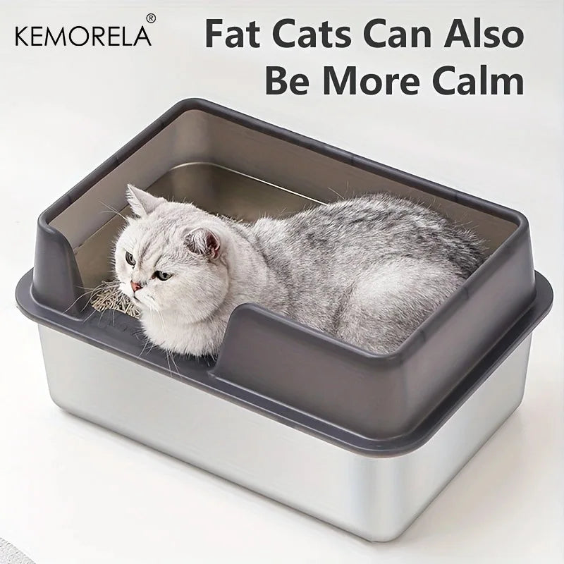 Bac à litière chat en acier inoxydable avec rebords hauts – Modèle "SteelGuard Anti-Projections"