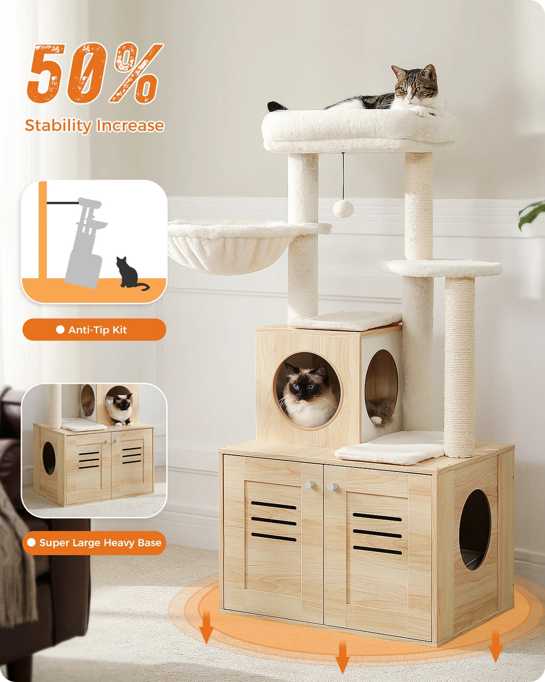 Designer Wooden Cat Tree with Litter Box - LuxeNest Model 