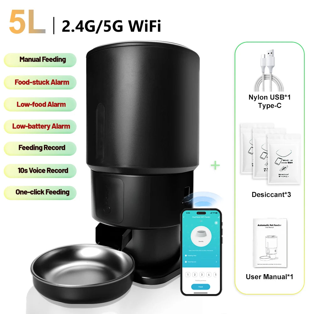 Distributeur automatique d'aliments pour animaux, 5L, noir, WiFi 2.4G/5G, avec alarme de nourriture et commande vocale.