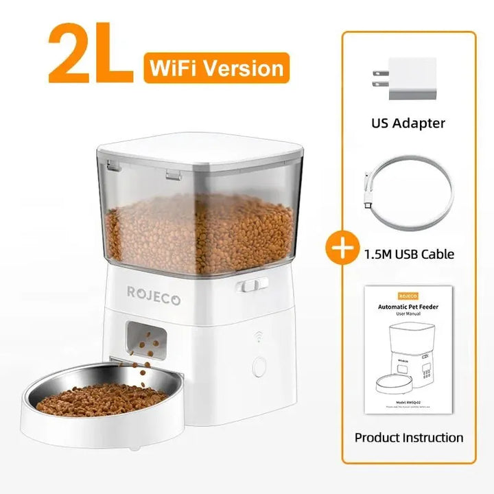Distributeur automatique d'aliments pour animaux de compagnie 2L, version WiFi, blanc, avec adaptateur US et câble USB.