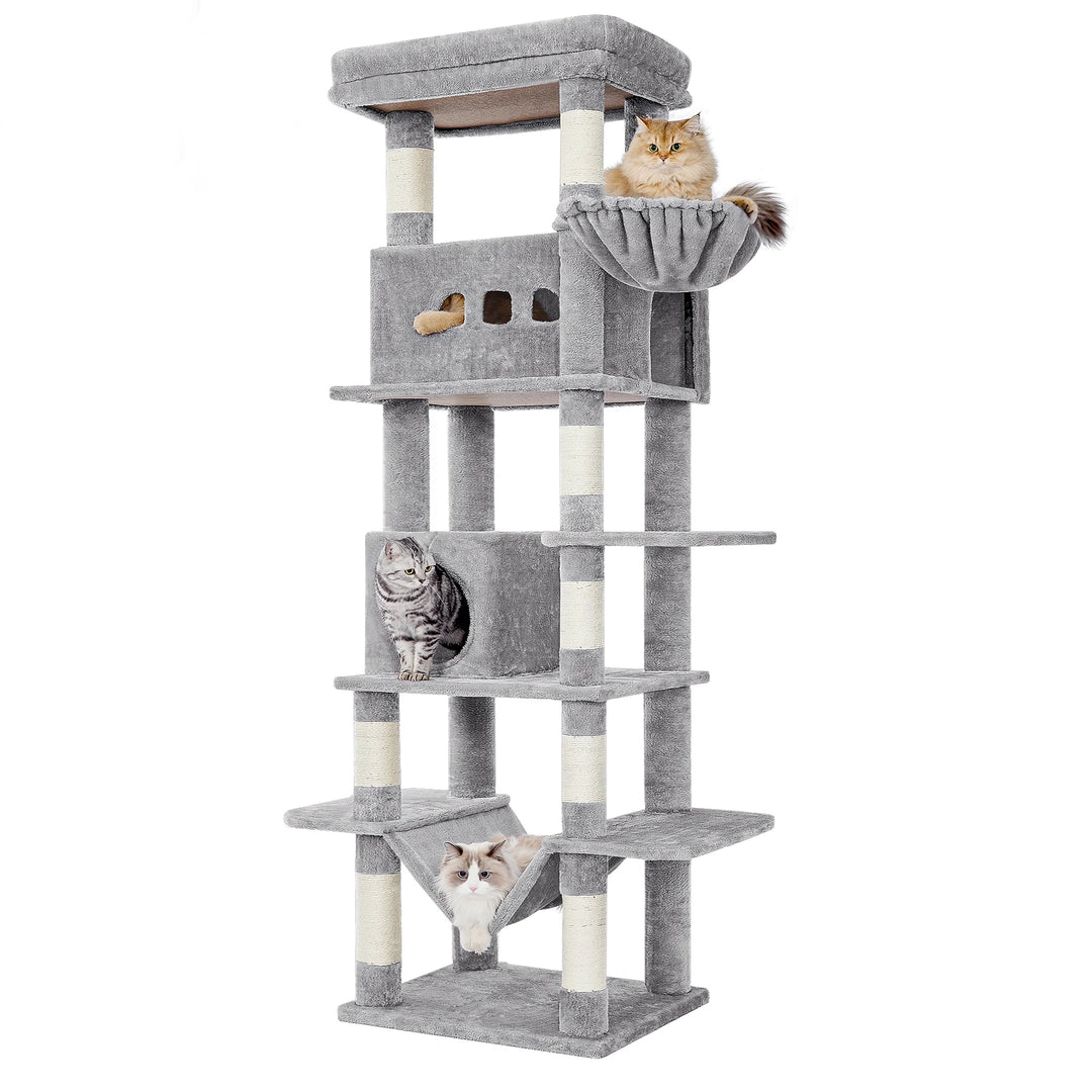 Arbre à chat 210 cm gris clair avec niches, hamac et griffoirs sisal