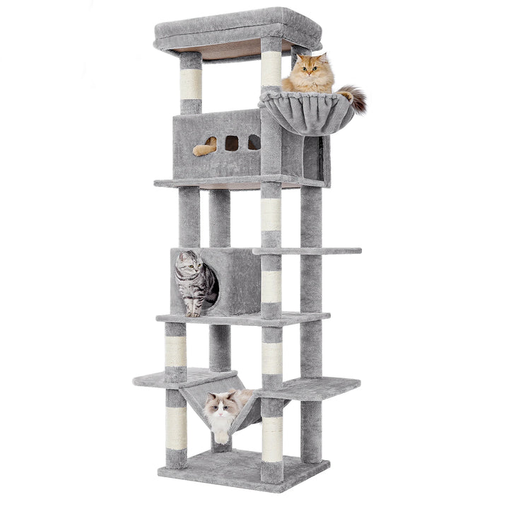Arbre à chat 210 cm gris clair avec niches, hamac et griffoirs sisal
