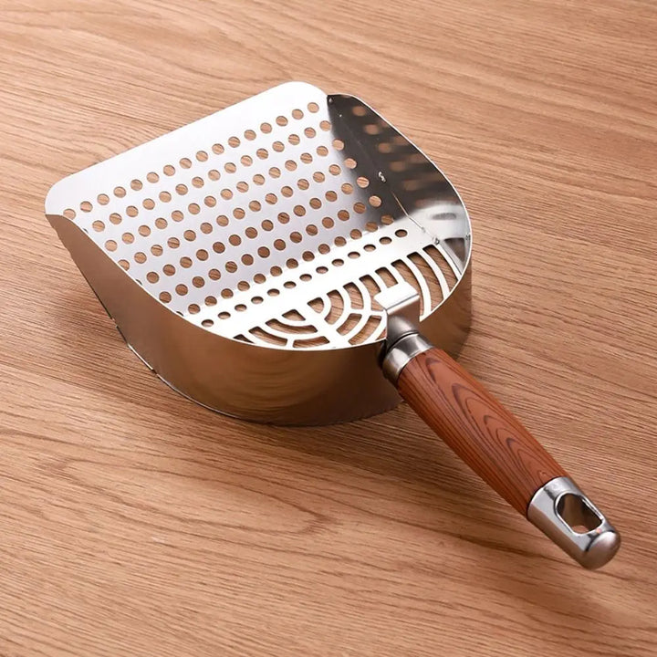 Pelle à litière pour chat en acier inoxydable avec manche bois ergonomique "Main Propre"