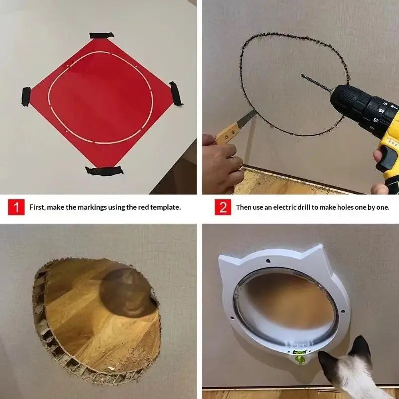 Guide d'installation pour chatière en plastique blanc, avec gabarit rouge pour marquage et perçage.