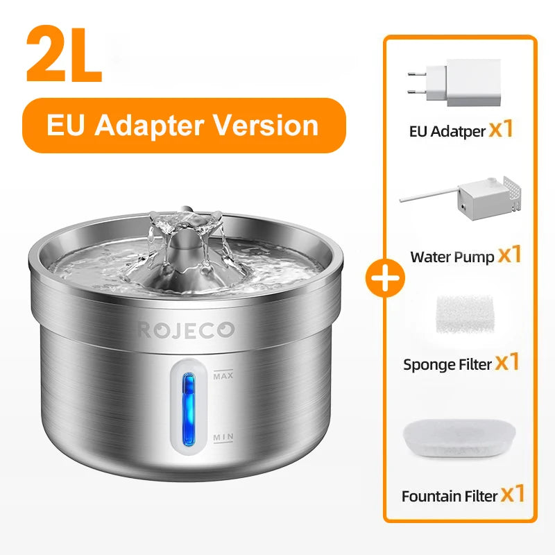 Fontaine à eau ROJECO 2L en acier inoxydable, avec adaptateur EU et filtre inclus.