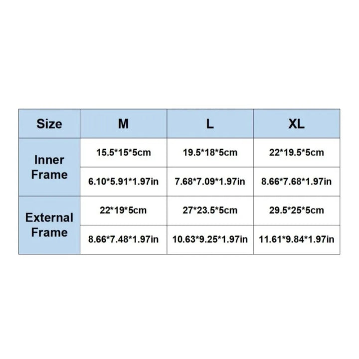 Tableau des tailles de cadres, incluant dimensions M, L, XL en cm et inch.