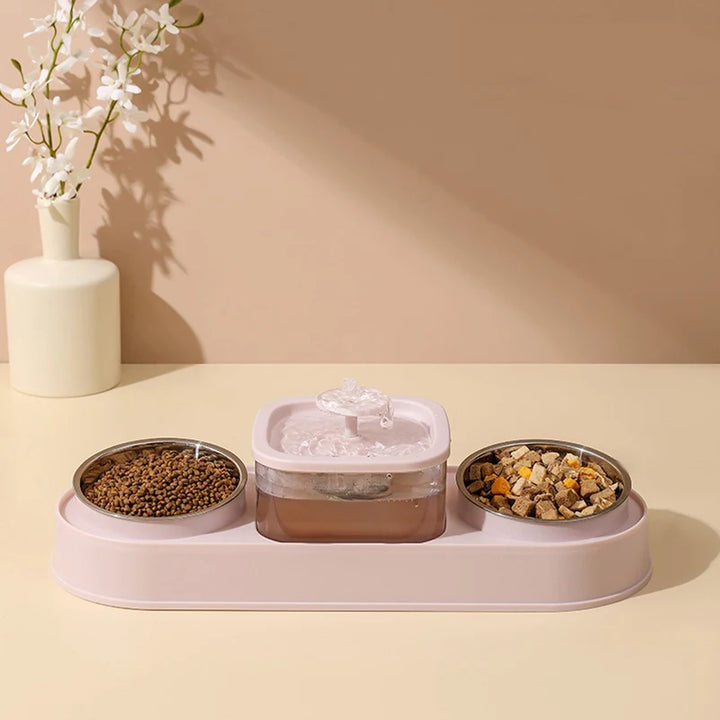 Distributeur d'eau et nourriture pour animaux, rose, avec fontaine, bols en acier inoxydable.
