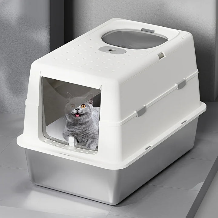 Bac à litière chat en acier inoxydable avec couvercle basculant – Modèle "SteelFlip Premium"