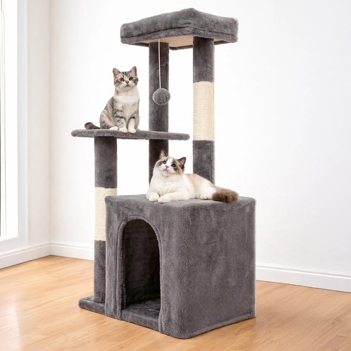 Arbre à chat compact 80 cm gris avec double niche et griffoirs