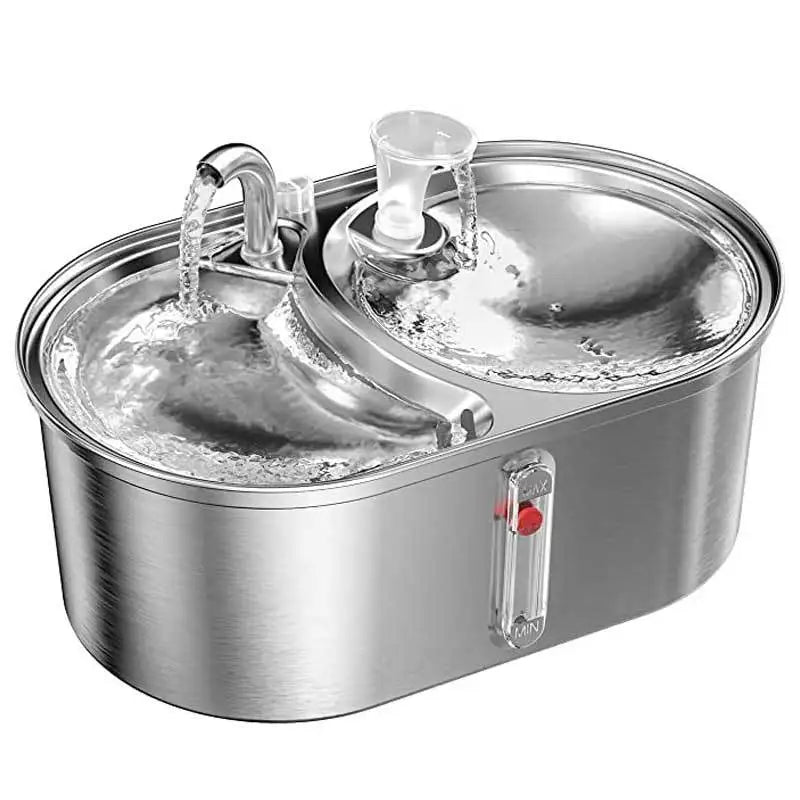 Fontaine à eau en inox avec double compartiment et régulateur de niveau, design élégant pour animaux.