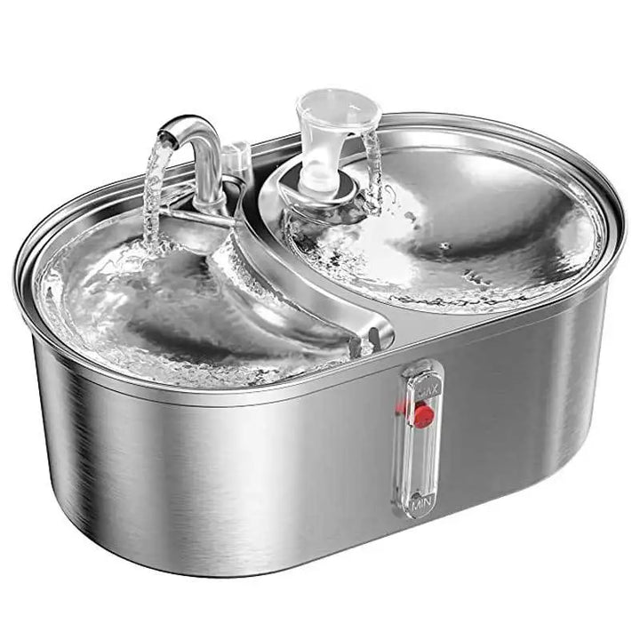 Fontaine à eau en inox avec double compartiment et régulateur de niveau, design élégant pour animaux.